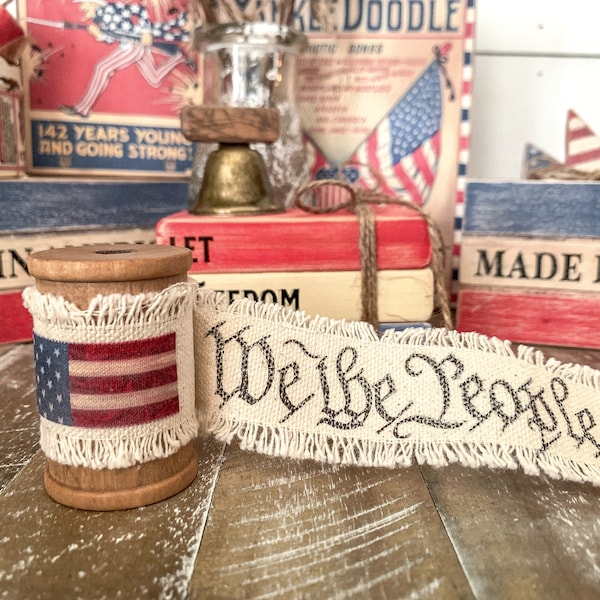 We The People Ribbon Spool, Stars and Stripes, Vintage Americana Decor, Patriotic Tiered Tray, Fourth of July Decor