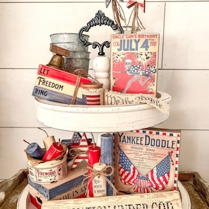 Vintage Inspired Fireworks Tin with Red White and Blue Wood Fireworks, Vintage Americana Decor, Patriotic Tiered Tray, Fourth of July Decor image 3