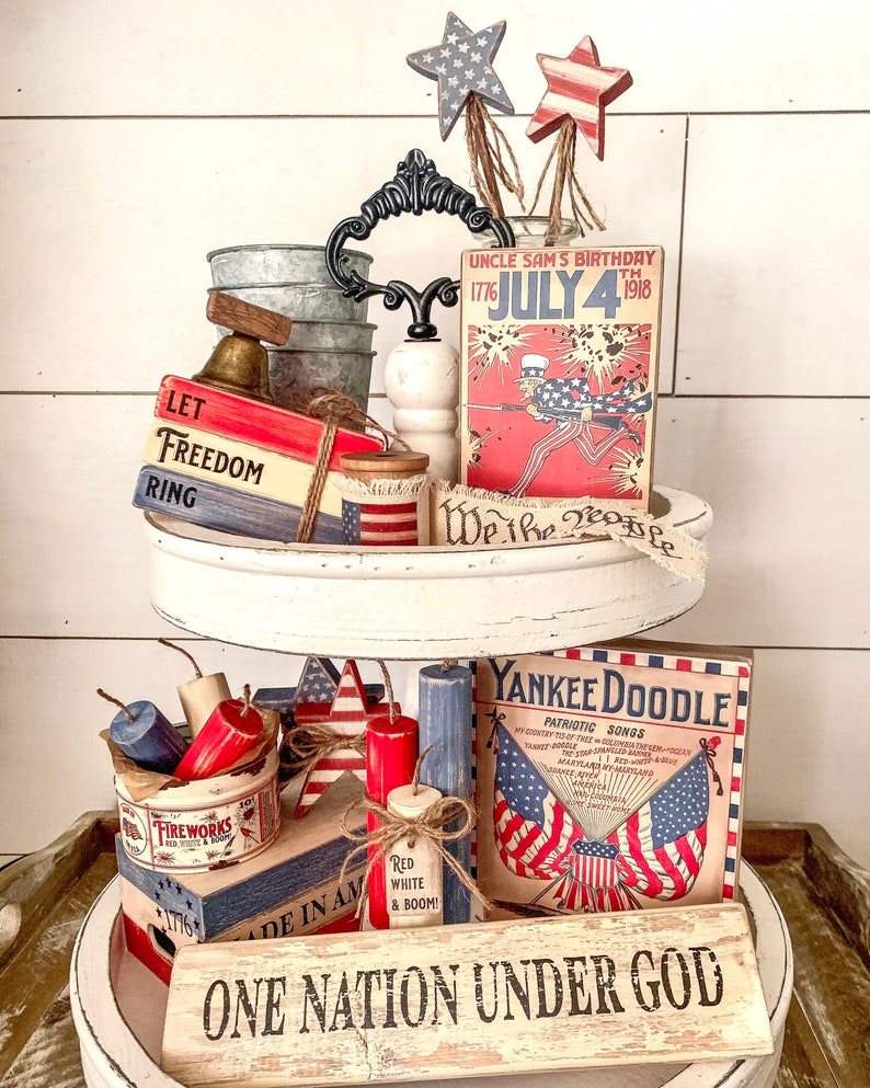 Vintage Inspired Fireworks Tin with Red White and Blue Wood Fireworks, Vintage Americana Decor, Patriotic Tiered Tray, Fourth of July Decor image 3