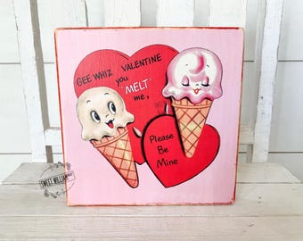 Valentines Day Vintage Inspired Sign, Ice Cream, Retro Valentine, Red Pink