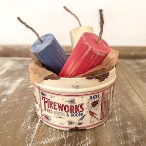 Vintage Inspired Fireworks Tin with Red White and Blue Wood Fireworks, Vintage Americana Decor, Patriotic Tiered Tray, Fourth of July Decor image 10