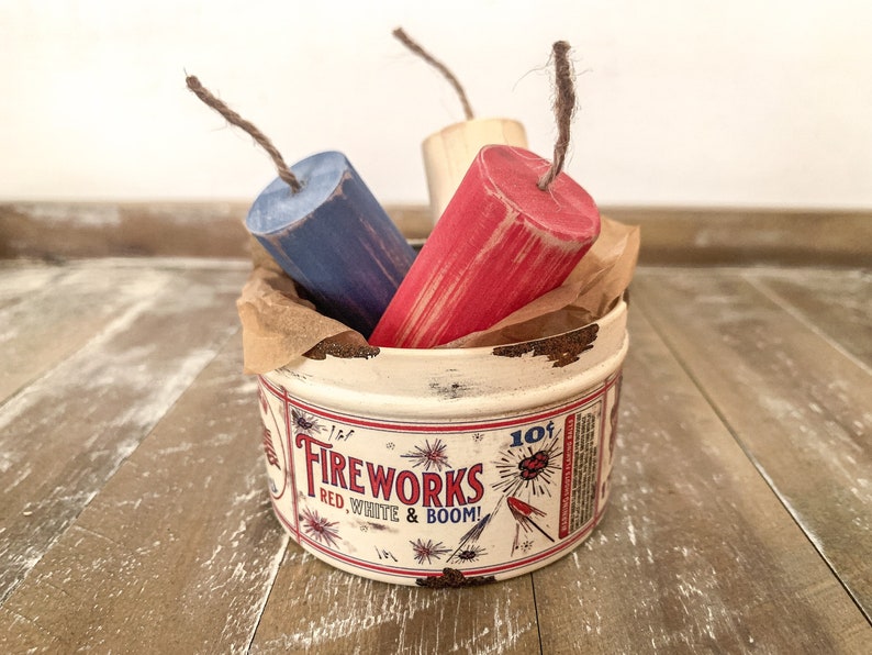 Vintage Inspired Fireworks Tin with Red White and Blue Wood Fireworks, Vintage Americana Decor, Patriotic Tiered Tray, Fourth of July Decor image 10