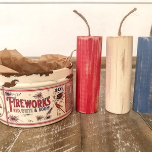 Vintage Inspired Fireworks Tin with Red White and Blue Wood Fireworks, Vintage Americana Decor, Patriotic Tiered Tray, Fourth of July Decor image 5