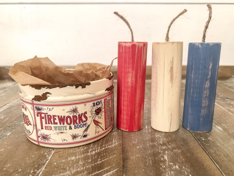 Vintage Inspired Fireworks Tin with Red White and Blue Wood Fireworks, Vintage Americana Decor, Patriotic Tiered Tray, Fourth of July Decor image 5