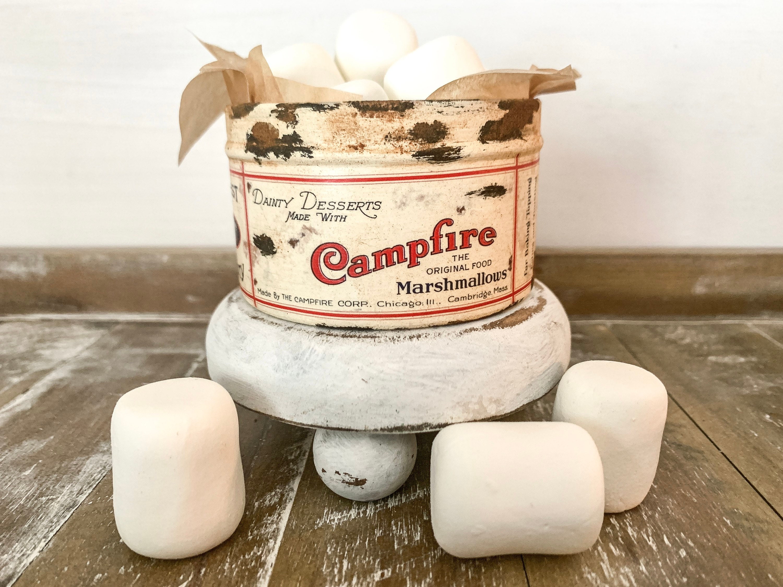 Mini Campfire Marshmallows Tin With Faux Marshmallows, Vintage