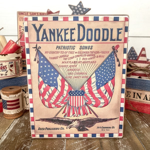 Yankee Doodle Patriotic Songs Wood Sign, Vintage Americana Decor, Patriotic Tiered Tray, Fourth of July Decor