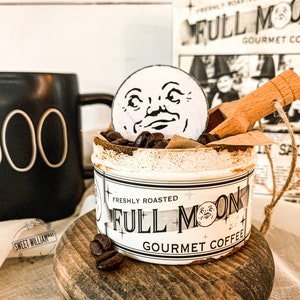 Mini Vintage-Style Tin, Full Moon Gourmet Coffee, Halloween Tiered Tray Decor, Man in the Moon Face, Vintage Style