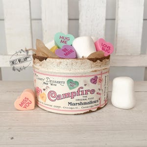 Mini Campfire Marshmallow Sweethearts Tin, Valentines Edition, Faux Marshmallows, Conversation Hearts
