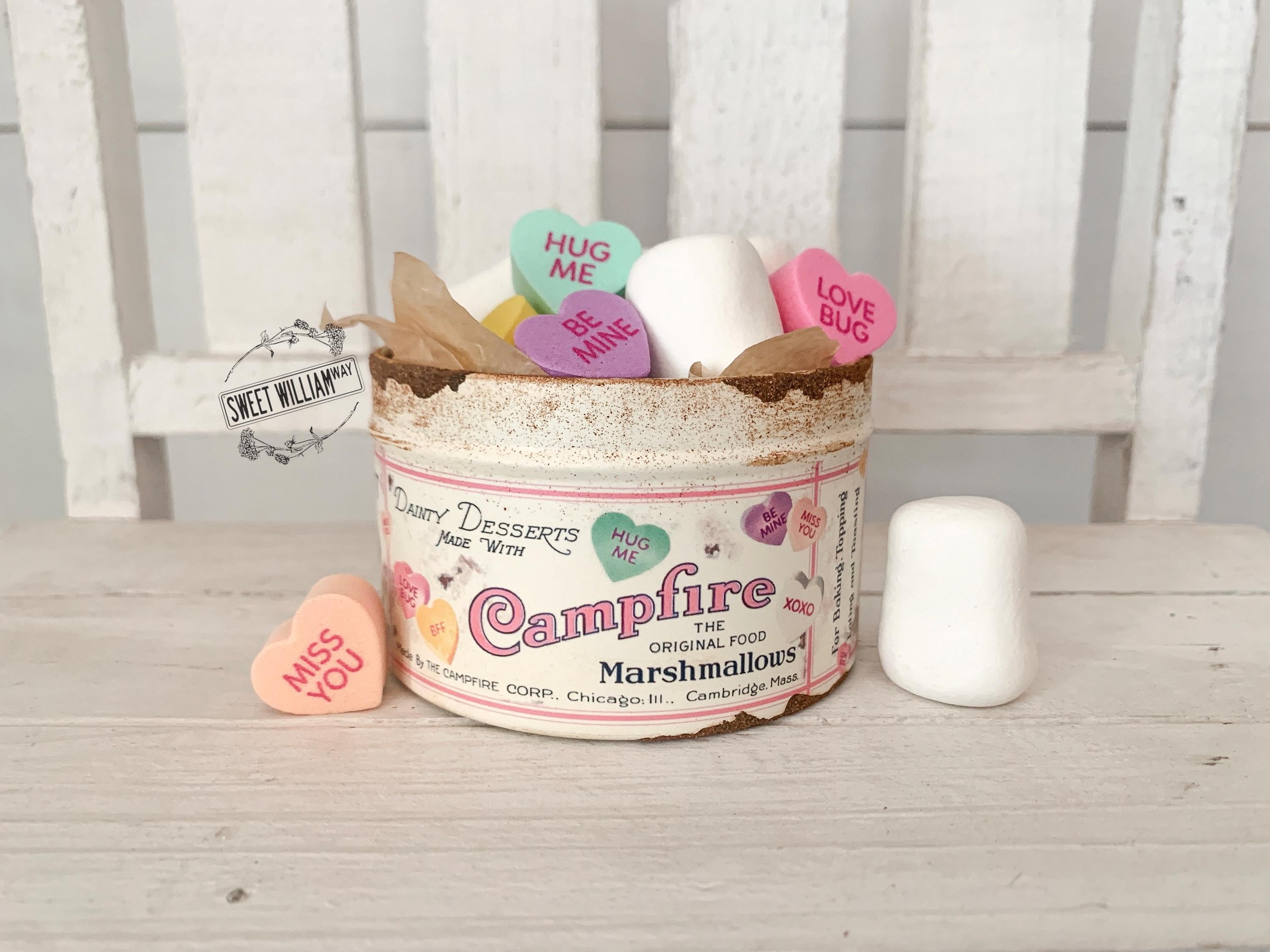 Mini Campfire Marshmallow Sweethearts Tin, Valentines Edition, Faux Marshmallows, Conversation Hearts