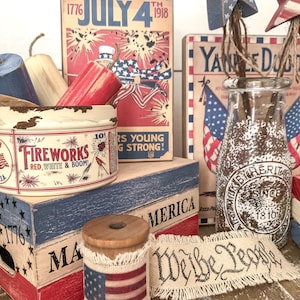 Vintage Inspired Fireworks Tin with Red White and Blue Wood Fireworks, Vintage Americana Decor, Patriotic Tiered Tray, Fourth of July Decor image 6