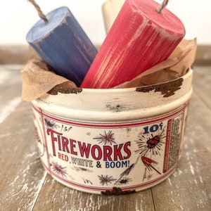 Vintage Inspired Fireworks Tin with Red White and Blue Wood Fireworks, Vintage Americana Decor, Patriotic Tiered Tray, Fourth of July Decor image 4