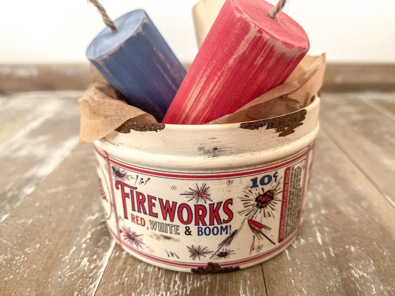 Vintage Inspired Fireworks Tin with Red White and Blue Wood Fireworks, Vintage Americana Decor, Patriotic Tiered Tray, Fourth of July Decor image 4