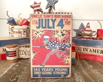 Uncle Sam’s Birthday Wood Sign, Vintage Americana Decor, Patriotic Tiered Tray, Fourth of July Decor