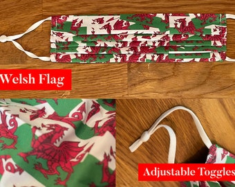 Welsh Flag FACE COVERING, face mask, Y Ddraig Goch, 100% cotton, washable, reusable, adult & kid size, Red, Dragon, Wales, Fast UK Delivery