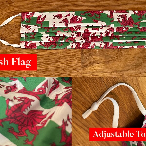 Welsh Flag FACE COVERING, face mask, Y Ddraig Goch, 100% cotton, washable, reusable, adult & kid size, Red, Dragon, Wales, Fast UK Delivery