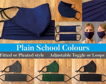 FACE mask Solid colour, school, black, grey, dark blue, green, neutral, cotton, adjustable, covering fitted or pleated, washable, reusable,