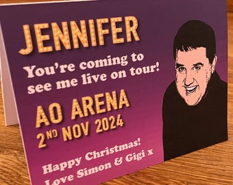 Peter Kay ticket tour personalised gift card, a6 greeting card, arena tour, your name, date, venue, blank inside, fast UK delivery