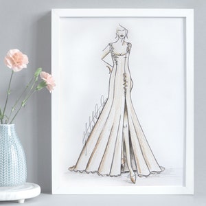 WEDDING DRESS ILLUSTRATION, custom, hand drawn sketch, front only, mount, one year anniversary, bridal, fashion, custom, Personalised