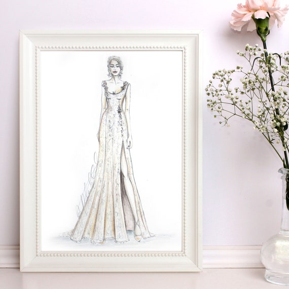 Wedding Dress Illustration Dress Sketch Bespoke Hand Drawn