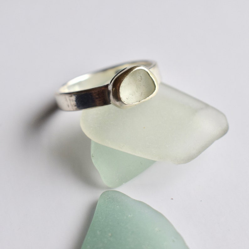 Stacker rings Pale blue seaglass stacker ring UK size T Silver seaglass ring Beach glass Sea glass ring Recycled silver ring