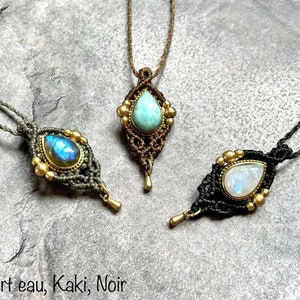 Macrame necklace stone drop shape Labradorite Moonstone Larimar golden drop brass chain macrame necklace semi precious stone gift idea