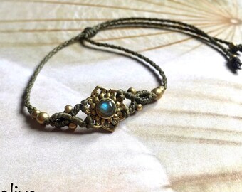 Macrame bracelet labradorite golden brass mandala flower semi precious stone bracelet with stone delicate bracelet simple macrame