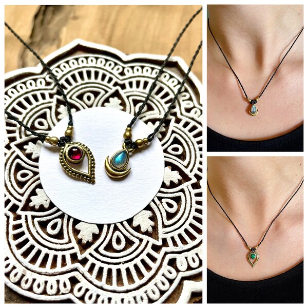 Petit pendentif lune avec labradorite collier choker pendentif goutte dorée pierre de lune grenat malachite collier micromacramé ultra fin