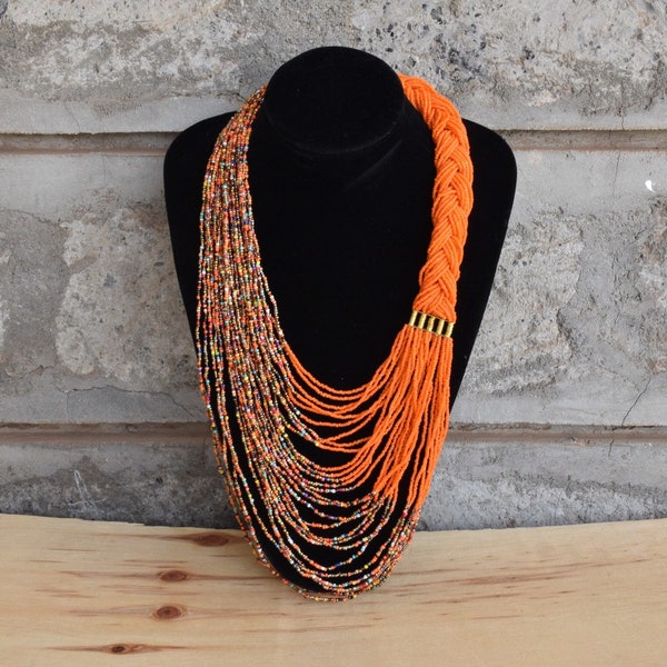 African Beaded Necklace For Women, African Statement Jewelry, Orange Bead Necklace Gifts For Sister, Handmade Maasai Wedding Necklace