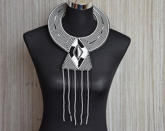 Long African Leather Necklace, Beaded Pendant Necklace, Beaded Leather Choker Necklace, Black & white Collar Necklace, Multistrand Necklace