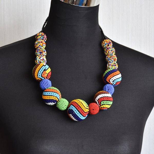 Ball Beaded necklace For Women,Zulu  Beaded Collar Necklace, Multicolor Bead Necklace,Chunky Colorful Necklaces, African Style Bead Necklace