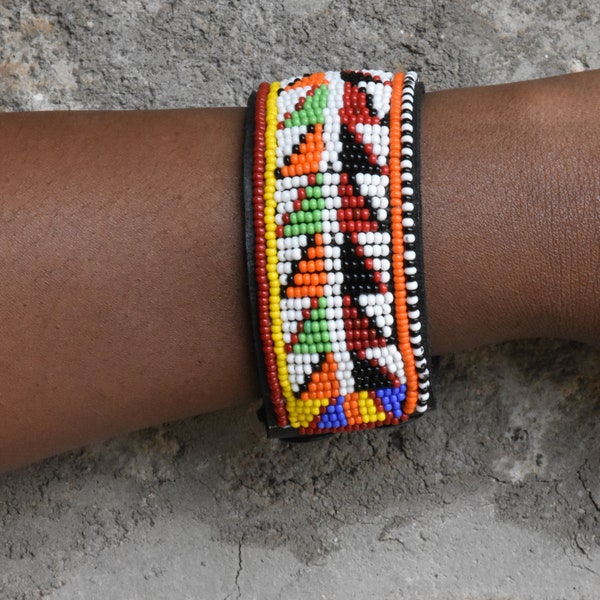 ON SALE Beaded African Leather Bracelets, Kenyan Flag Bracelet Maasai Bangle, Unisex Personalized Bracelet, Leather Cuff Bracelet Gifts For