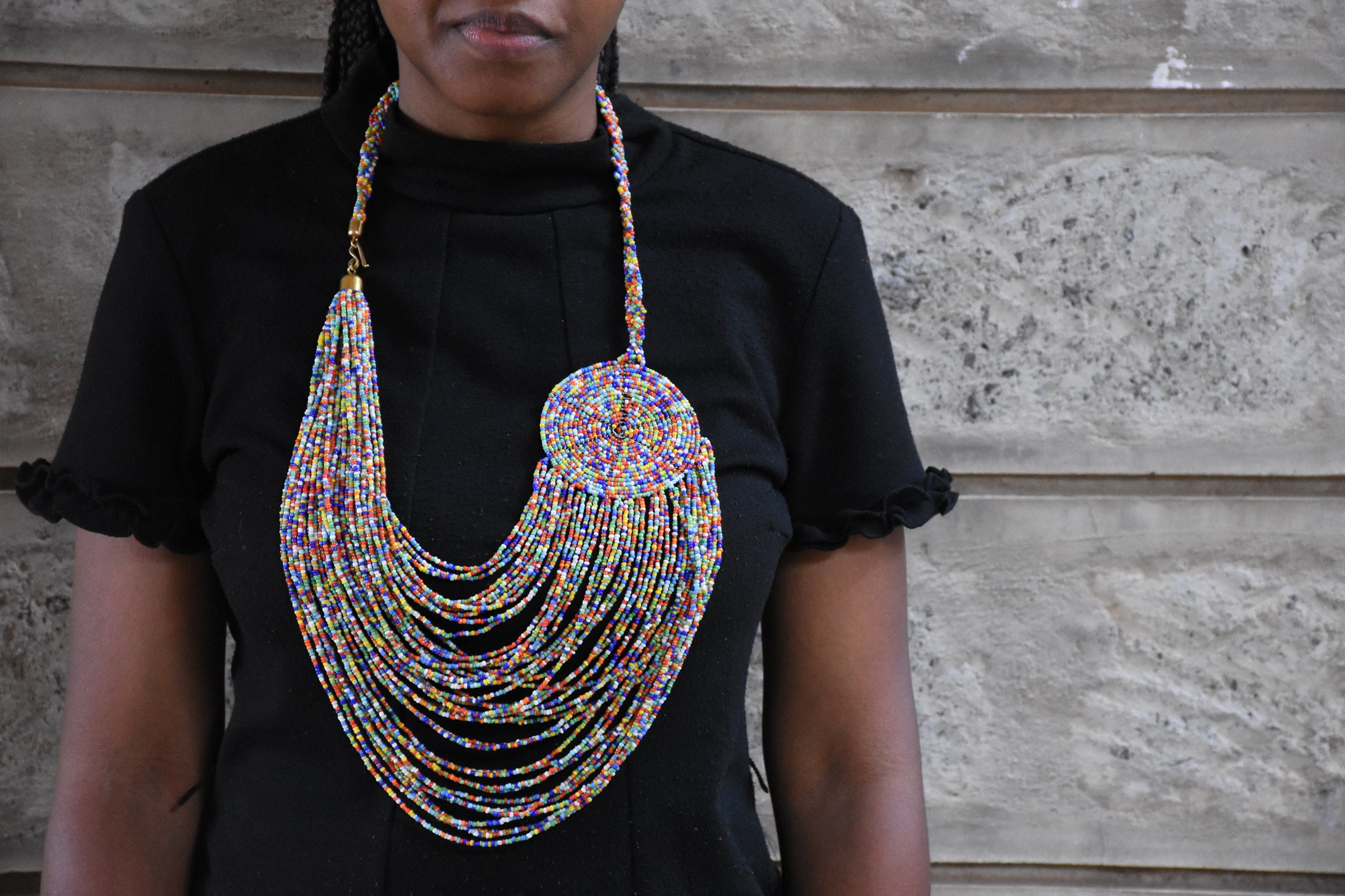 Long African Bead Necklace African Layering Statement 