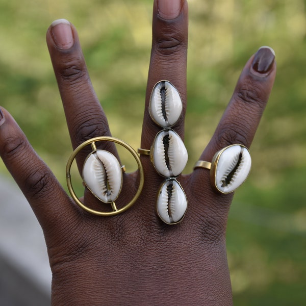 Cowrie Shell Brass Ring ,Adjustable Shell Ring , African Statement Brass Ring, Boho Brass Rings ,Women Brass Jewelry, African Style Gifts