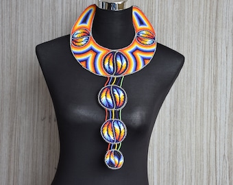 Long African Leather Necklace, Beaded Pendant Necklace, Beaded Leather Choker Necklace, Multi Colour Collar Necklace, African Style Jewelry