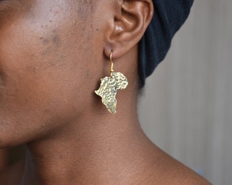 Small Brass Earrings, African Brass Jewelry, Hammered Brass Statement Earrings, African map Brass  Earrings, African earrings Ethnic Jewelry