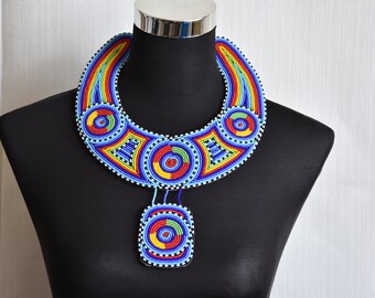 African Leather Necklace, Beaded Pendant  Necklace, Beaded Choker Necklace Women Jewelry, Multi Colour Leather Collar Necklace Gifts For Her