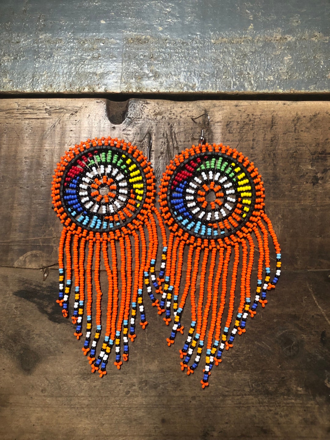 Long Beaded Earrings African Bead Fringe Earrings Orange Etsy