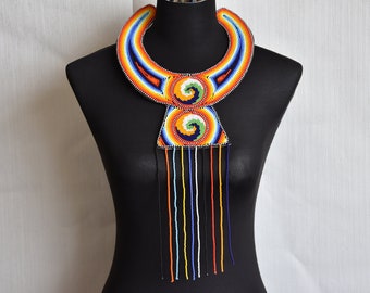 Long African Leather Necklace, Beaded Pendant Necklace, Beaded Leather Choker Necklace, Multi Colour Collar Necklace, African Style Jewelry