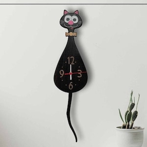 3D swinging pendulum black wooden cat clock