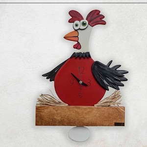 3D swinging pendulum red and white wooden chicken clock