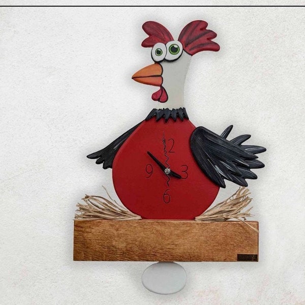 Horloge 3D avec poulet en bois rouge et blanc à pendule oscillant