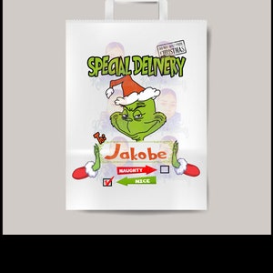 K&ouml;nnte beinhalten: Eine wei&szlig;e Papiert&uuml;te mit einer gr&uuml;nen Grinch-Figur, die einen Weihnachtsmann-Hut tr&auml;gt. Die T&uuml;te tr&auml;gt den Text "Special Delivery" und "Do Not Open Until Christmas". Der Grinch h&auml;lt ein Schild mit der Aufschrift "An: Jakobe" und hat ein K&auml;stchen f&uuml;r "Unartig" und "Brav".