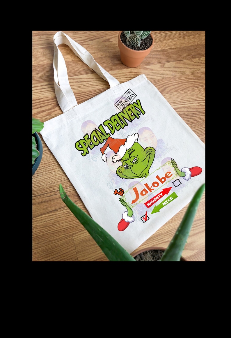 K&ouml;nnte beinhalten: Eine wei&szlig;e Canvas-Tragetasche mit einer gr&uuml;nen Grinch-Figur, die einen Weihnachtsmann-Hut tr&auml;gt. Die Tasche tr&auml;gt den Text "Special Delivery" und "To: Jakobe" mit einem H&auml;kchen neben "Nice" auf einer Liste von braven oder unartigen Kindern.