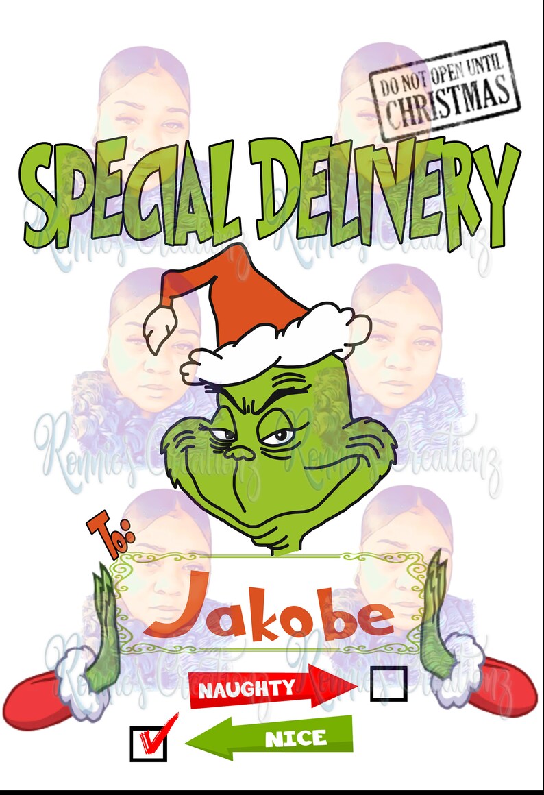 K&ouml;nnte beinhalten: Ein gr&uuml;ner Grinch-Charakter tr&auml;gt einen Weihnachtsmann-Hut mit einem Schild, auf dem "Special Delivery" an "Jakobe" steht. Das Schild hat ein H&auml;kchen neben "Naughty" und ein leeres K&auml;stchen neben "Nice".