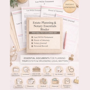 May include: An estate planning binder with essential documents, including Last Will & Testament and Power of Attorney. The image features a beige binder, pink pen, and various icons related to estate planning and legal matters.