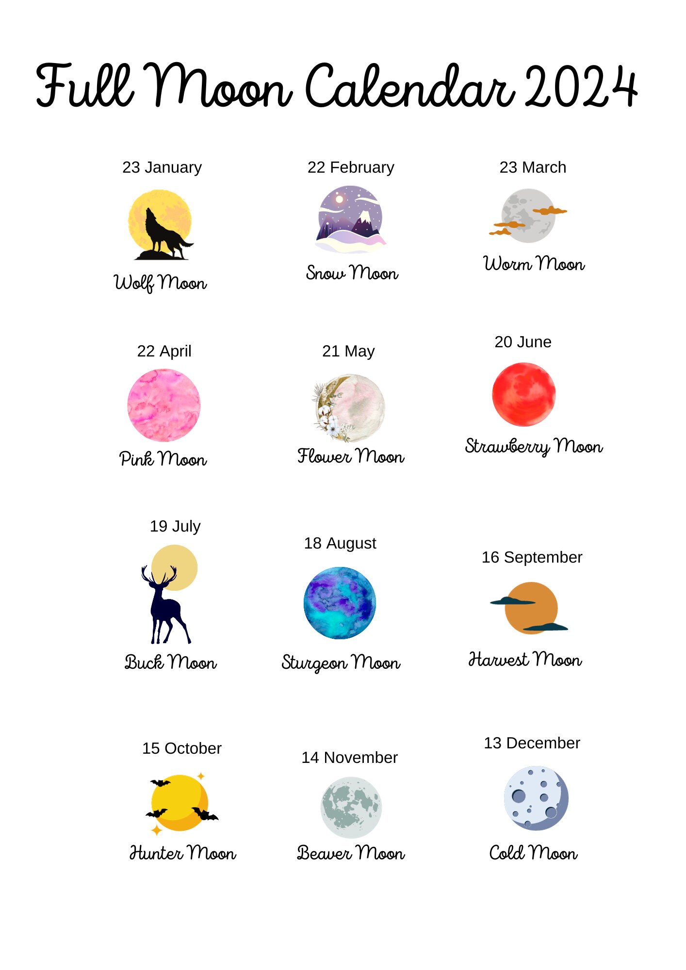 Full Moon Calendar 2024 Great for Rituals Spells Etsy UK