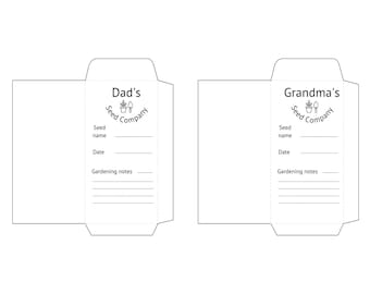 May include: Two white seed packet envelopes. One reads "Dad's Seed Company" and the other reads "Grandma's Seed Company". Both have spaces for seed name, date, and gardening notes. A gardening theme.