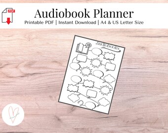 Puede incluir: Un planificador de audiolibros en blanco y negro sobre una superficie de madera. El planificador incluye bocadillos y la palabra "Audiobooks". El texto en la parte superior dice "Audiobook Planner" y "Printable PDF | Instant Download | A4 & US Letter Size".