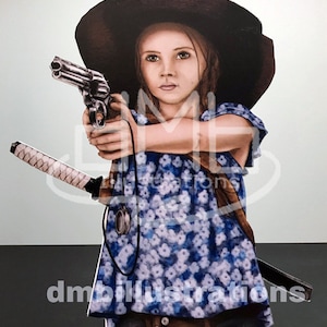 May include: A girl wearing a wide-brimmed hat and a blue floral dress holds a silver revolver in her right hand and a katana sword in her left hand. The image is a digital illustration.