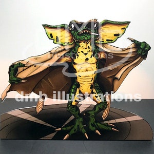 May include: A green and yellow creature with large ears and sunglasses wearing a brown trench coat. The creature is standing on a circular platform with a black and white design.